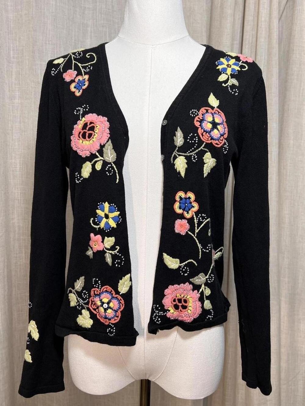 Embroidered Floral Black Cardigan